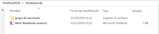 Captura de pantalla de un icono de bloc de notas de OneNote de una carpeta, con un archivo ONETOC debajo de la carpeta.