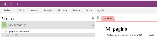 Captura de pantalla de la aplicación OneNote que muestra el nombre del cuaderno, los grupos de secciones con secciones en el lado izquierdo de la pantalla y una página de sección vacía en el lado derecho de la pantalla.