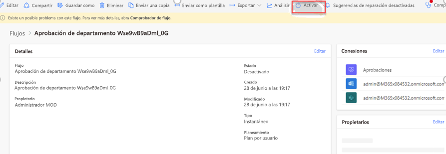 Active el flujo de trabajo después de configurar las referencias de conexión.