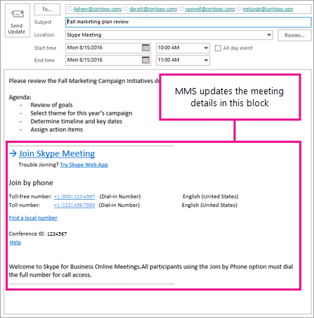 Captura de pantalla que muestra el bloque de reuniones que MMS actualiza.