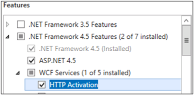 Captura de pantalla que muestra la opción Activación HTTP bajo las características de .NET Framework 4.5.