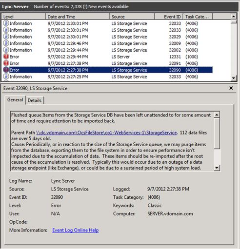 Eventos de ejemplo del registro de eventos del servidor de almacenamiento.