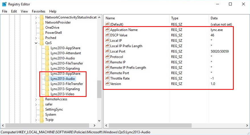 Captura de pantalla que muestra todas las directivas de Q o S aplicadas a este equipo que se pueden comprobar en la Editor del Registro.