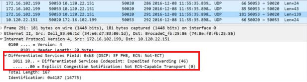 Captura de pantalla que muestra el etiquetado correcto en el DSCP de tráfico UDP: F E.