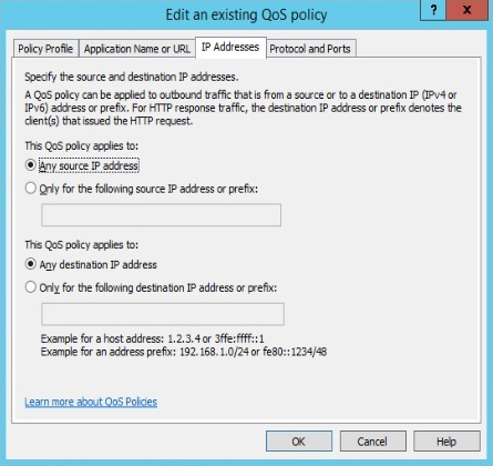 Captura de pantalla que muestra la opción para editar la dirección I P en la ventana Editar una directiva de Q o S existente.