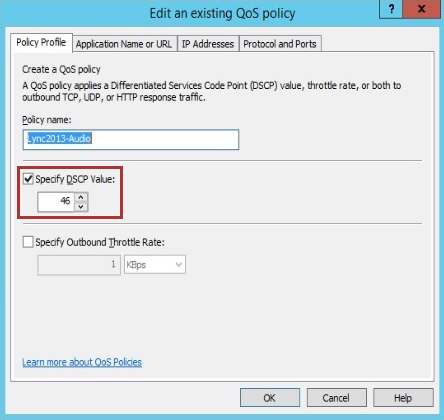 Captura de pantalla que muestra la opción para editar el valor Especificar D S C P en la ventana Editar una directiva de Q o S existente.