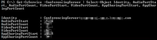 Captura de pantalla que muestra la pantalla CMD que muestra Get-CsService comando y el resultado del intervalo de puertos.