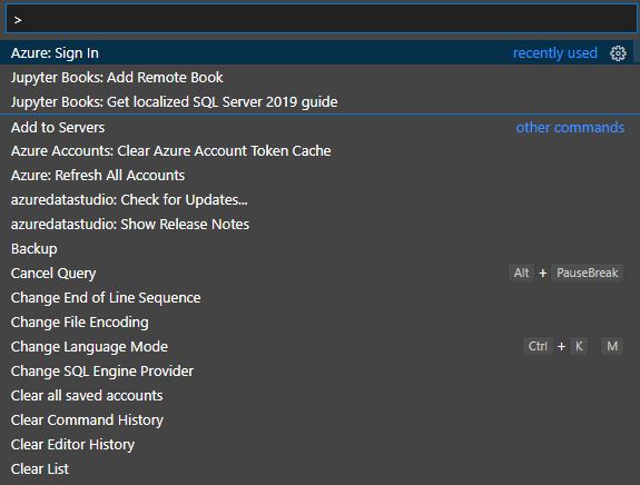 Captura de pantalla en la que se muestra la paleta de Azure Data Studio.