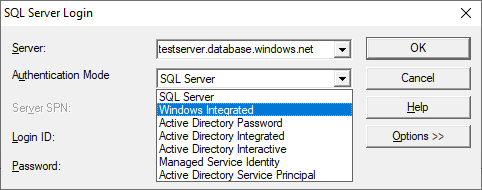 Cuadro de diálogo de inicio de sesión de SQL Server que se muestra en SQLDriverConnect.