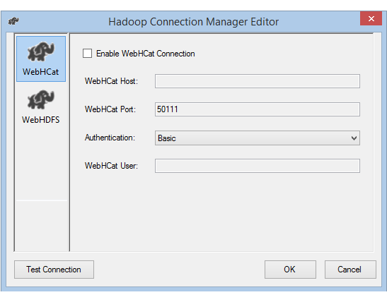 Captura de pantalla del editor del administrador de conexiones de Hadoop con autenticación básica