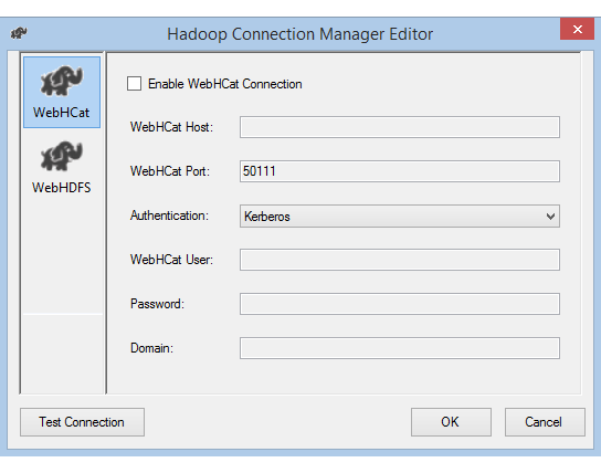 Captura de pantalla del editor del administrador de conexiones de Hadoop con autenticación Kerberos