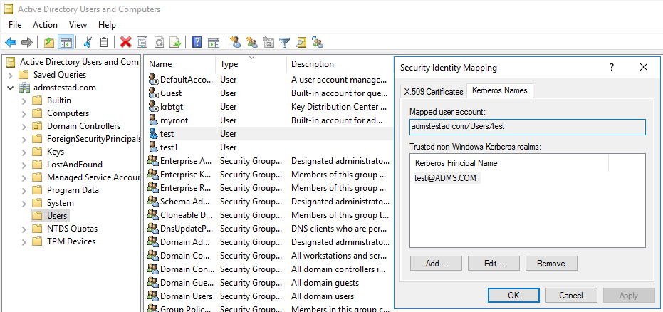 Captura de pantalla del cuadro de diálogo Asignación de identidad de seguridad