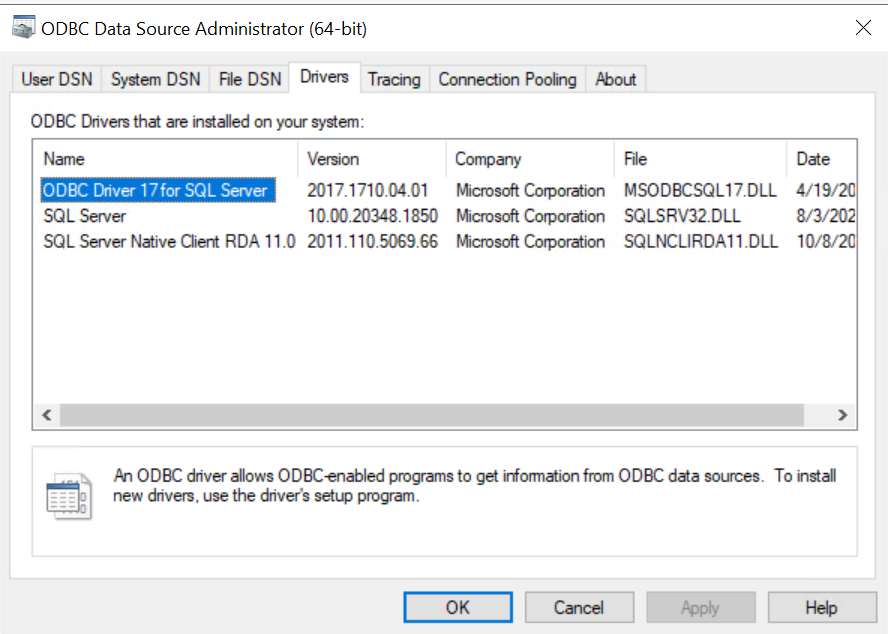 Controladores ODBC de 64 bits instalados