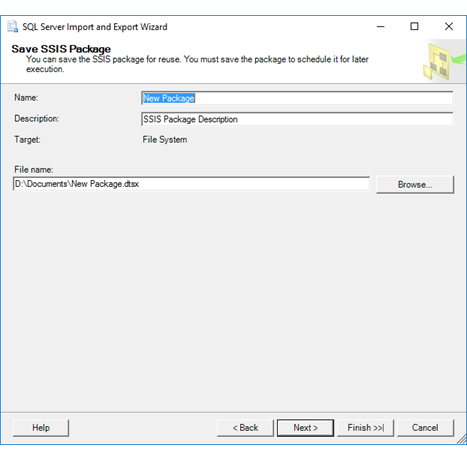 Captura de pantalla en la que se muestra la página Guardar el paquete SSIS del Asistente para importación y exportación si seleccionó la opción Sistema de archivos en la página Guardar y ejecutar el paquete.