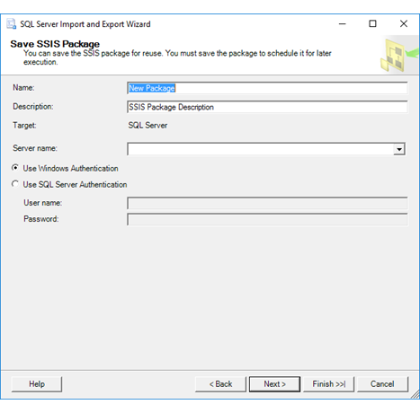 Captura de pantalla en la que se muestra la página Guardar el paquete SSIS del Asistente para importación y exportación si seleccionó la opción SQL Server en la página Guardar y ejecutar el paquete.