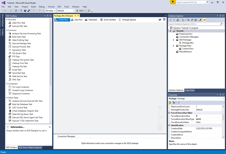 Captura de pantalla de Visual Studio en la que se muestra el panel Cuadro de herramientas, el panel de diseño, el panel Explorador de soluciones y el panel Propiedades.