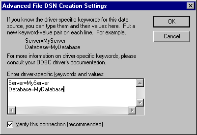 Configuración avanzada de creación de DSN de archivo cuadro de diálogo