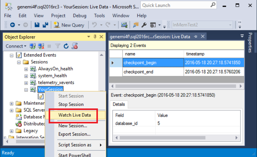 Screenshot of Watch Live Data, in SSMS, Management > Extended Events > Sessions > YourSession, right-click.
