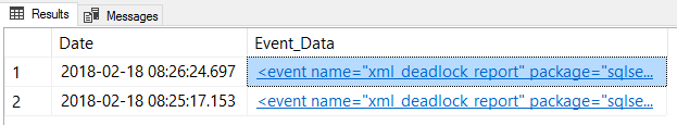 Captura de pantalla de SSMS del resultado de la consulta system_health de XEvent.