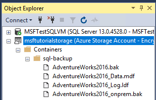 Captura de pantalla del Explorador de objetos en SSMS que muestra los archivos de datos dentro del contenedor, en Azure debajo de una entrada de instancia de SQL Server.