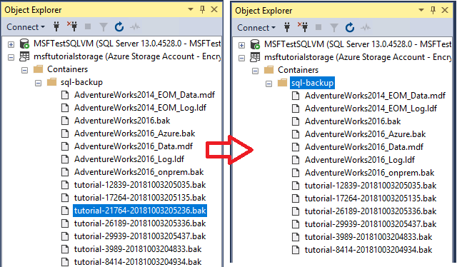 Captura de pantalla del explorador de almacenamiento de SQL Server Management Studios que muestra los contenedores de Azure y la eliminación del blob de copia de seguridad del registro de transacciones.