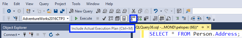 A screenshot from SQL Server Management Studio showing the Actual Execution Plan button on the toolbar.