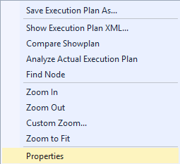 A screenshot from SQL Server Management Studio indicating where to right-click Properties in a plan operator.