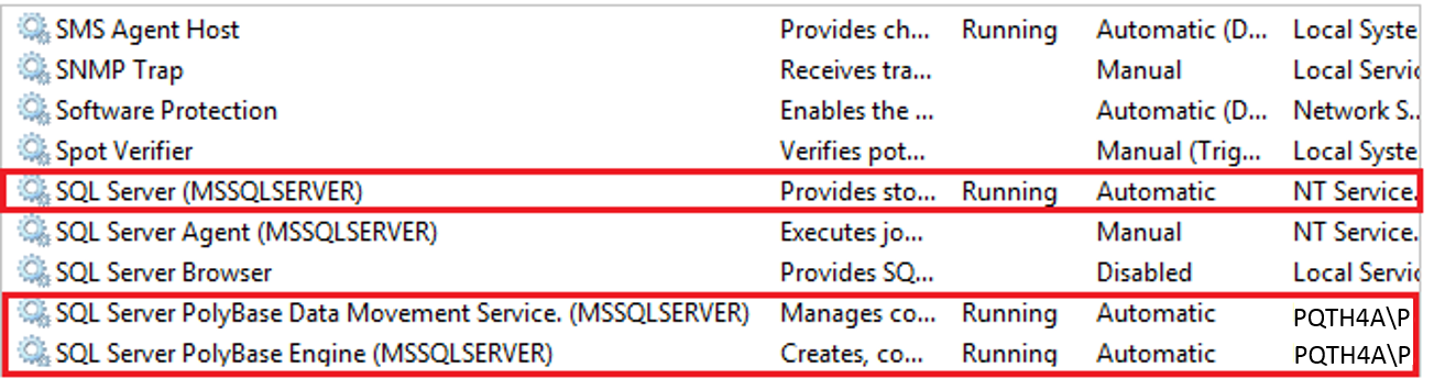 Captura de pantalla de Administrador de configuración de SQL Server, en la que se muestran los servicios de PolyBase.