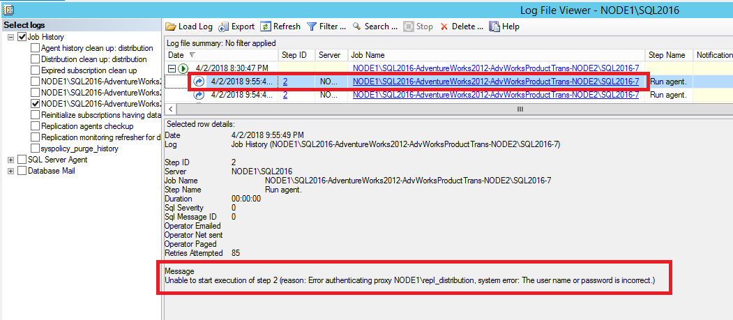 Captura de pantalla del texto de error que indica una contraseña incorrecta para el agente de distribución.