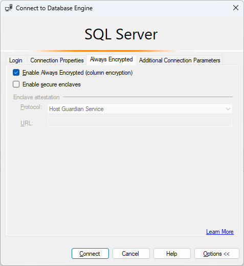 Captura de pantalla de la opción de conexión de SSMS para Always Encrypted habilitado.
