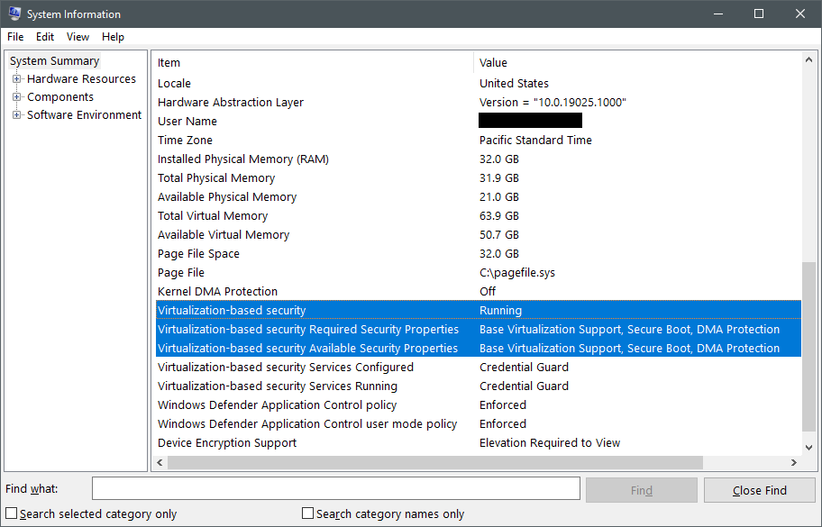 Captura de pantalla de Información del sistema en la que se muestra el estado y la configuración de la seguridad basada en la virtualización