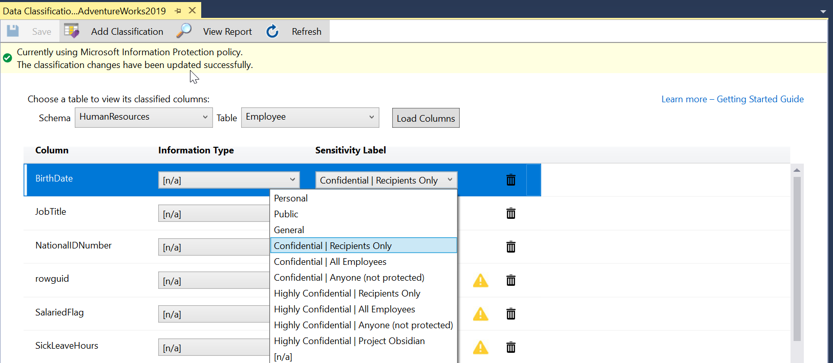 Elección de las etiquetas de confidencialidad de directiva de Microsoft Information Protection de SSSMS