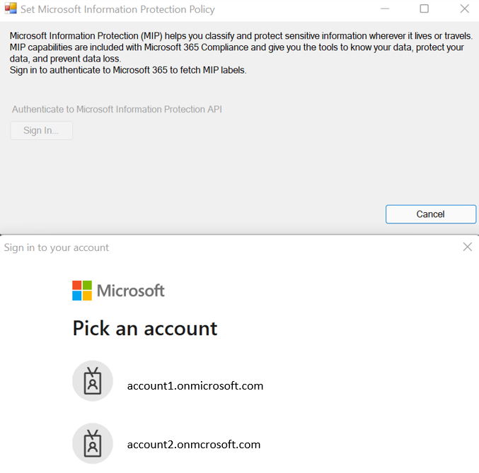 Captura de pantalla de la autenticación para establecer la directiva de Microsoft Information Protection