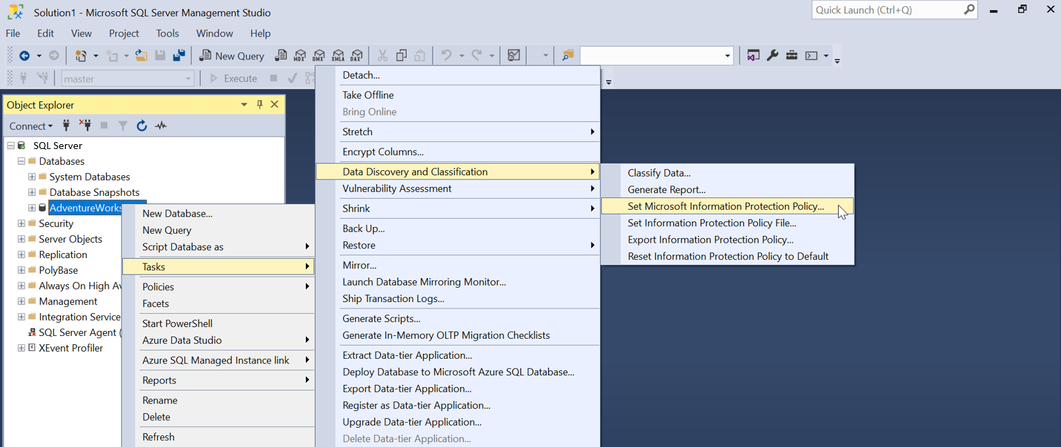 Captura de pantalla para la directiva Microsoft Information Protection en SSMS