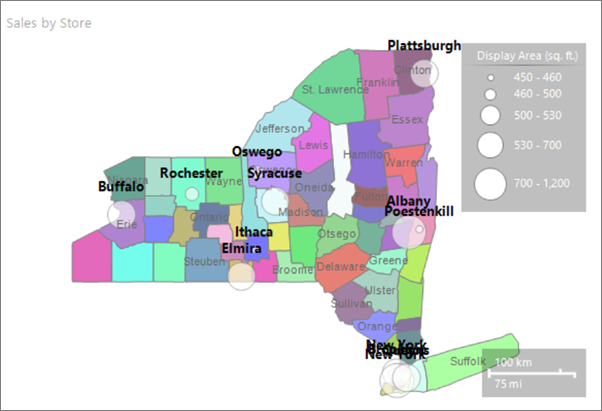 Captura de pantalla que muestra una vista previa del mapa de Report Builder con los nombres de ciudades en una fuente negrita de 10&nbsp;puntos.