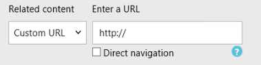 Captura de pantalla en la que se muestra la opción Contenido relacionado establecida en Dirección URL personalizada y la opción Escriba una dirección URL en http://.