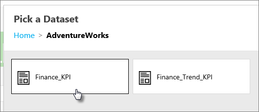 Captura de pantalla de la sección Seleccionar un conjunto de datos con la opción Finance_KPI seleccionada.