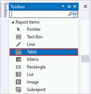 Captura de pantalla de pestaña Cuadro de herramientas con la opción Tabla seleccionada.