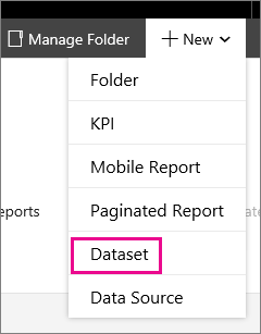 Captura de pantalla en la que se muestra la lista desplegable Nuevo con la opción Conjunto de datos destacada.