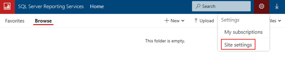 Captura de pantalla de la lista desplegable de configuración con la opción Configuración del sitio seleccionada.