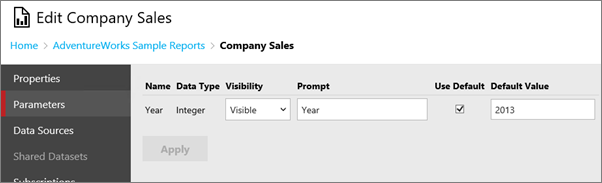 Captura de pantalla en la que se muestra la pantalla Parámetros del cuadro de diálogo Editar Company Sales.