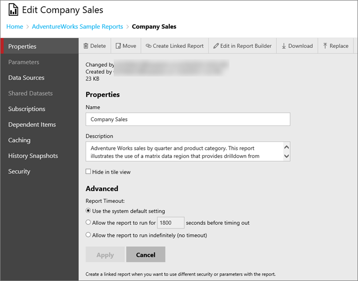Captura de pantalla en la que se muestra la pantalla Propiedades del cuadro de diálogo Editar Company Sales.