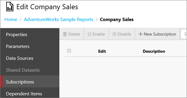 Captura de pantalla en la que se muestra la pantalla Suscripciones del cuadro de diálogo Editar Company Sales.