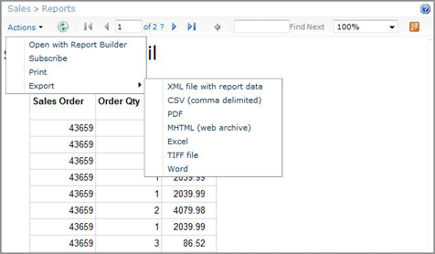 Captura de pantalla de las opciones Exportar en el menú de Acciones.