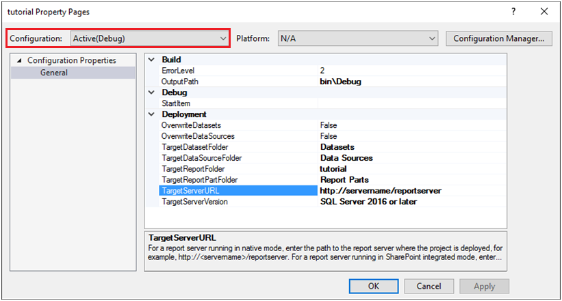 Captura de pantalla de la ventana Páginas de propiedades del tutorial, en la que se resalta la lista desplegable Configuración.