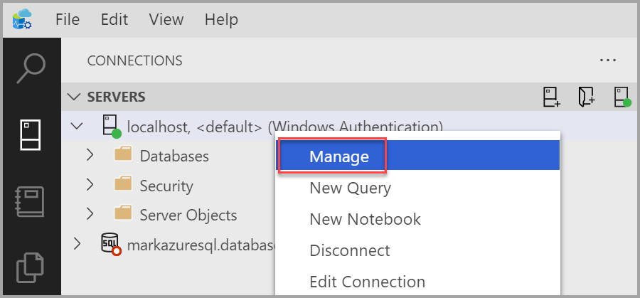 Captura de pantalla en la que se muestra Azure Data Studio con la opción Administrar resaltada y seleccionada.