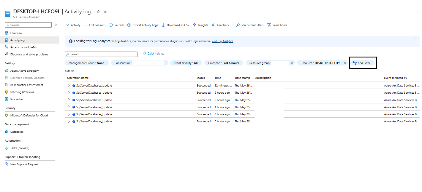 Screenshot of the Arc-enabled SQL Server Activity Logs with Add Filter.