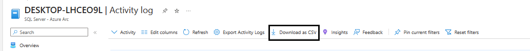Screenshot of the Arc-enabled SQL Server Activity Logs Download as CSV feature.