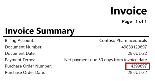 Captura de pantalla de una factura de ejemplo con el número de pedido de compra resaltado.
