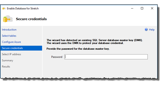Captura de pantalla que muestra la página Secure credentials (Proteger las credenciales) del asistente para Stretch Database con el cuadro de texto Contraseña vacío.